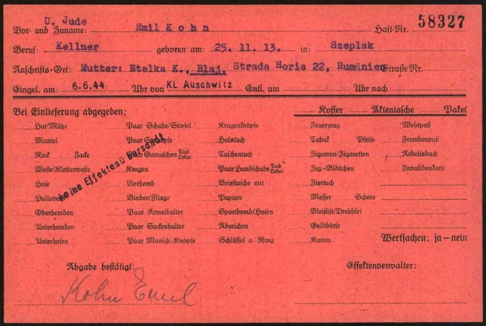 Emil Kohn’s personal-effects card, prisoner number 58327, recording admission on June 6, 1944, from Auschwitz.