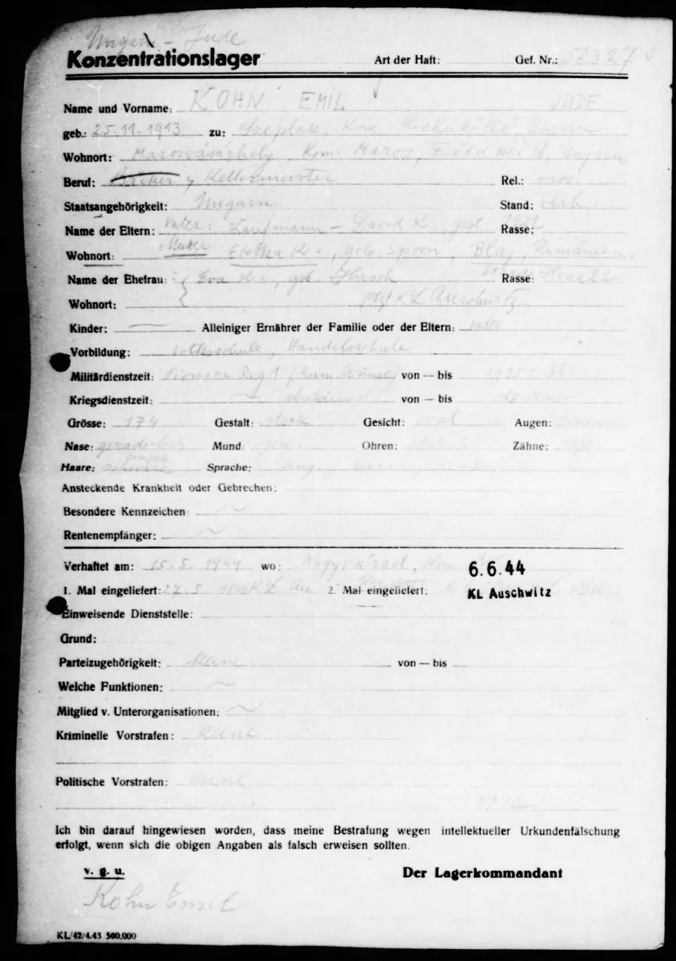 Emil Kohn’s prisoner registration record.