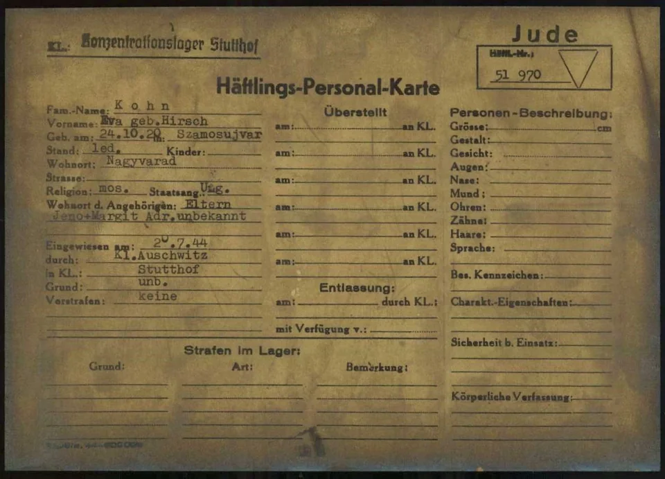 Eva’s Stutthof prisoner personnel card, number 51970. It records admission from Auschwitz on July 20, 1944. ITS / Arolsen Archives.