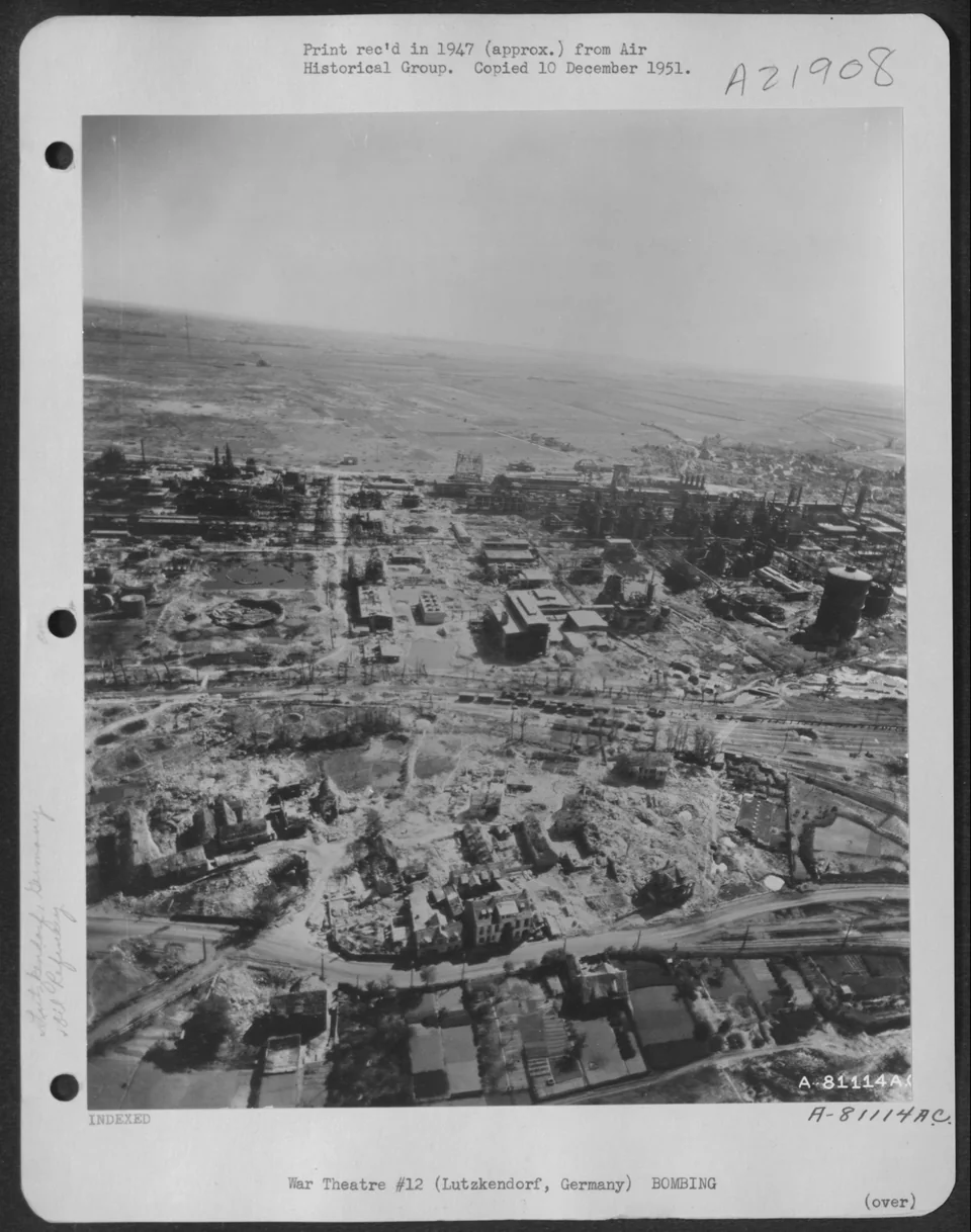 Aerial view of the bomb-damaged synthetic oil plant at Lützkendorf, Germany, May 12, 1945.