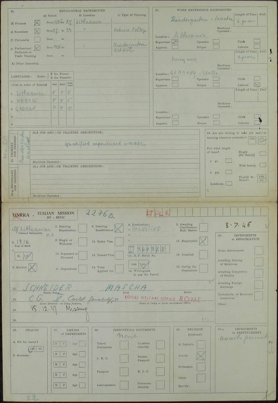 UNRRA Italian Mission card for Schneider Mascha, recording her teaching background and desired destination of Palestine.