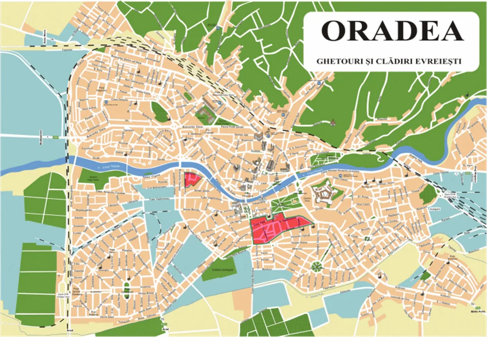 Map titled Oradea: Ghettos and Jewish buildings.
