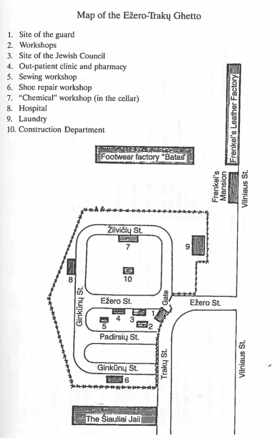 Map of the Ežero-Trakų ghetto, showing its boundary, Ginkūnų Street and numbered community facilities.